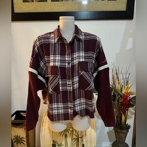 Urban Outfitters BDG Women's Sporty Cropped Plaid Flannel Shirt XS-TP Burgundy
